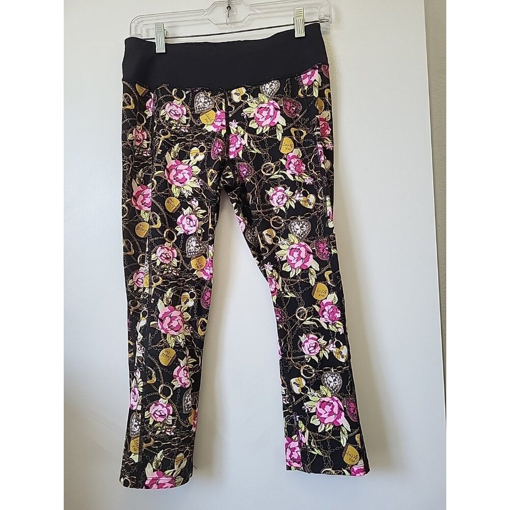 Betty Johnson Women's Floral Leggings Cropped Black Pink Green Medium